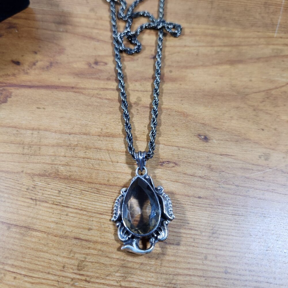 Vintage Womens Large Brown Topaz Necklace Antique Gold 31" Chain - Picture 5 of 6